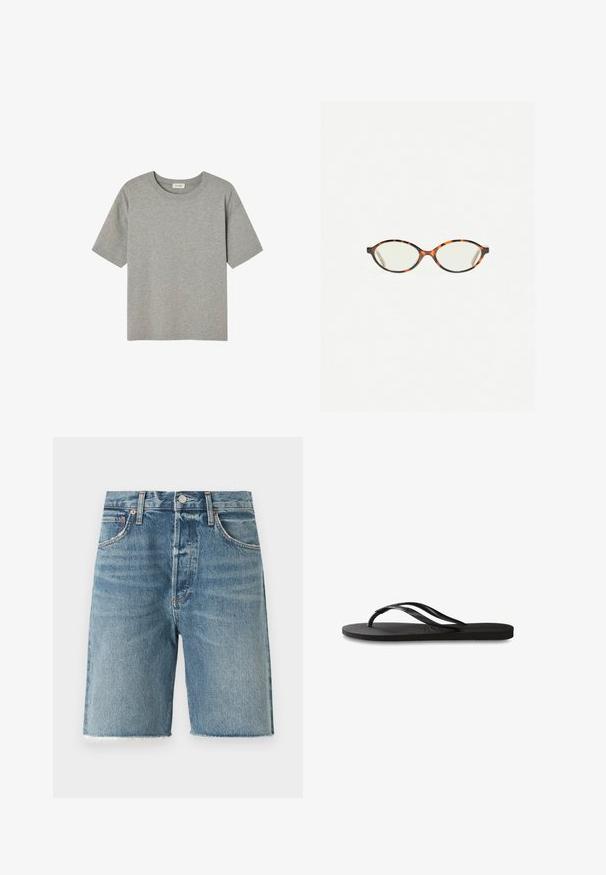 Šedé tričko s krátkým rukávem vyrobené z měkké bavlny, s kulatým výstřihem a volným střihem, bez výrazných vzorů nebo detailů.; Světlé modré džíny šortky s roztrhaným lemem, designem s pěti kapsami, předním zapínáním na knoflík a viditelnými švy.; Černé žabky s texturovanou gumovou podrážkou, dvěma štíhlými popruhy a jemným, embosovaným logem na popruhu.; Želvovinové brýle s oválnými čočkami a hladkým, jemným povrchem. Má tenké bočnice s jemným zakřivením v chrámcích. Čiré čočky.