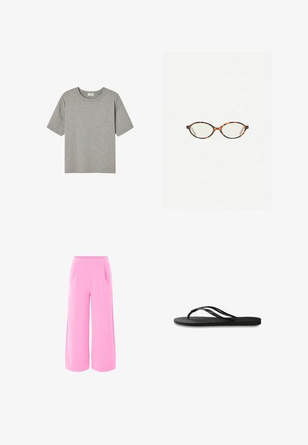 Sivi kratki rukav T-shirt od mekanog pamuka, koji se odlikuje okruglim izrezom i opuštenim krojem bez istaknutih uzoraka ili akcenata.; Ružičaste hlače širokih nogavica s glatkom teksturom, koje imaju visoki pojas i dva prednja nabora. Donji rub je završен širokim manžetama.; Crne japanke s teksturiranom gumenenom potplatom, dva uska remena i suptilnim, urezanim logom na remenu.; Naočale u boji kornjače s ovalnim staklima i elegantnim, glatkim završetkom. Imaju tanke strane s suptilnom krivuljom na sljepoočnicama. Prozirna stakla.