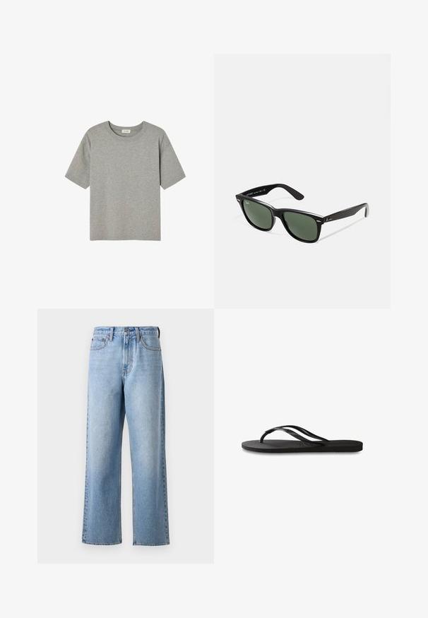Sivi kratki rukav T-shirt od mekanog pamuka, koji se odlikuje okruglim izrezom i opuštenim krojem bez istaknutih uzoraka ili akcenata.; Svijetloplave traperice ravnog kroja, s kopčanjem na gumb, petljama za pojas i suptilnim izbljeđenjem u teksturi tkanine.; Crne japanke s teksturiranom gumenenom potplatom, dva uska remena i suptilnim, urezanim logom na remenu.; Crne plastične sunčane naočale s zelenim staklima, kvadratni okviri, srebrni naglasak na obrvi i teksturirane ručke. Naziv brenda naveden na unutrašnjoj strani ručke.