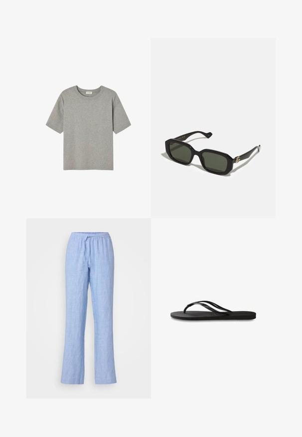 Siva kratka majica s kratkimi rokavi, izdelana iz mehkega bombaža, z okroglo ovratnico in sproščenim krojem, brez izstopajočih vzorcev ali poudarkov.; Samsøe Samsøe HOYS STRING TROUSERS - Hlače - mid blue; Črne natikače z teksturirano gumijasto podlogo, dvema ozkima trakoma in subtilnim, vtisnjenim logom na traku.; Črne pravokotne sončna očala s trdimi zelenimi lečami, ki imajo sijajen zaključek in zlati logotip na strani.