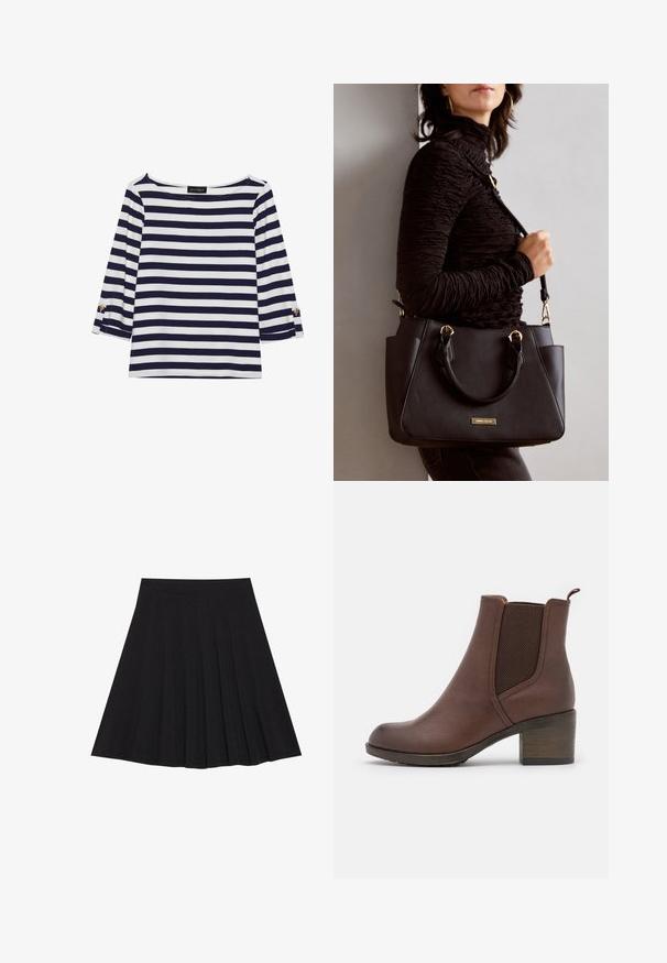 Navy and white striped long-sleeve top with a boat neckline and gold-button accents on rolled sleeves. Soft fabric, relaxed fit.; Black pleated skirt made of textured fabric with a fitted waistband. Falls to knee length, featuring a smooth, clean silhouette.; Brown leather ankle boot with a smooth finish, elastic side panels, a rounded toe, and a moderate wooden heel.; Black handbag with textured surface, dual top handles, and adjustable shoulder strap. Features gold-tone hardware and side pockets.