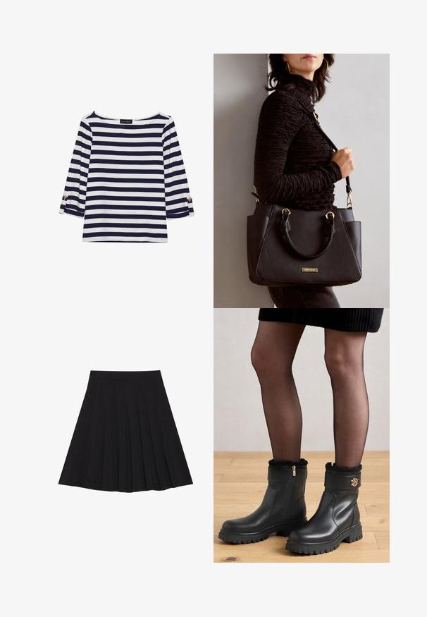 Marinblå och vit randig långärmad topp med båtutskuren hals och guldknappdetaljer på uppvikta ärmar. Mjuk tyg, avslappnad passform.; Svart plisserad kjol gjord av texturerad tyg med en figurnära midjeband. Faller till knä längd och har en slät, ren silhuett.; Anna Field Platåstövletter - black; Svart handväska med texturerad yta, dubbla handtag upptill och justerbar axelrem. Utrustad med detaljer i guld och sidofickor.