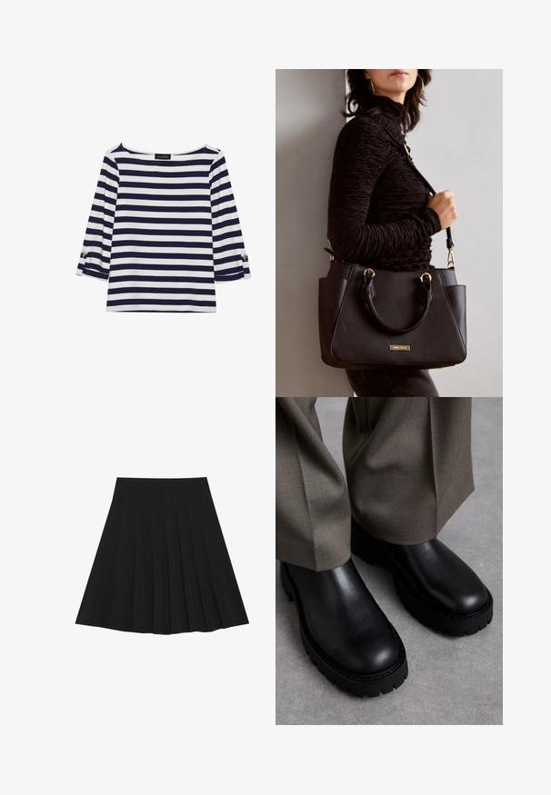 Duga majica dugih rukava prugasta u mornarsko plavu i bijelu boju s brodoglavim izrezom i zlatnim gumbima na pojačanim rukavima. Mekani materijal, opušteni kroj.; Crna plisirana suknja izrađena od teksturiranog materijala s uskim strukom. Pada do koljena, a ima glatku, čistu siluetu.; Crne kožne gležnjače s čvrstim gumenim đonom, glatke teksture, zaobljenim vrhom i minimalnim detaljima. Upareno s svijetlo sivim hlačama.; Crna torba s teksturiranom površinom, dvostrukim gornjim ručkama i podesivom remenom za rame. Ima zlatne metalne detalje i bočne džepove.