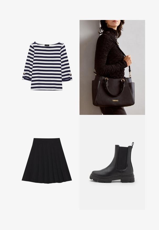 Duga majica dugih rukava prugasta u mornarsko plavu i bijelu boju s brodoglavim izrezom i zlatnim gumbima na pojačanim rukavima. Mekani materijal, opušteni kroj.; Crna plisirana suknja izrađena od teksturiranog materijala s uskim strukom. Pada do koljena, a ima glatku, čistu siluetu.; Crne kožne gležnjače s elastičnim bočnim panelima, zaobljenim prstima i strukturiranom gumenom potplatom. Imaju petlju straga za lakše oblačenje.; Crna torba s teksturiranom površinom, dvostrukim gornjim ručkama i podesivom remenom za rame. Ima zlatne metalne detalje i bočne džepove.