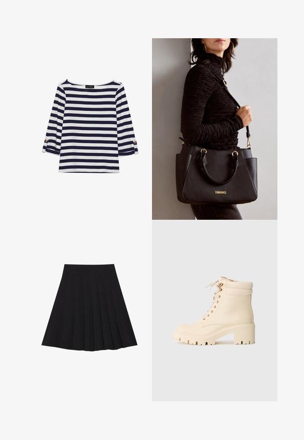 Marineblå og hvit stripete langermet topp med båthals og gullknapper på rullede ermer. Myk stoff, avslappet passform.; Svart plisserte skjørt laget av teksturert stoff med en tettsittende linning. Går til knelengde, med en glatt, ren silhuett.; Kremfargede ankelstøvler laget av glatt lær med ribbet mansjett, kraftig hæl og snøring foran med gulløyer.; Svart håndveske med teksturert overflate, doble topphåndtak og justerbar skulderrem. Har detaljer i gulltone og sidelommer.