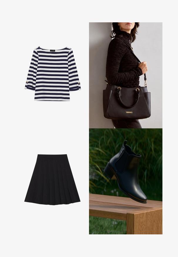 Tumesiniste ja valgete triipudega pikkade varrukatega topp, millel on paadi kaelus ja kuldsete nööpide aktsendid üleskeeratud varrukatel. Pehme kangas, mugav istuvus.; Must mustriga seelik, millel on tekstureeritud kangas ja kitsas vöökoht. Ulatuv põlveni, omadab sujuvat ja lõputut siluetti.; Mustad musta nahast ankle boot terava varbaga, elastsete külgpaneelidega ja kuhjakämbla kannaga, riputatud puidust pinna kohal roheluse taustal.; Musthave must kott, millel on tekstuurne pind, kaks ülemist käepidet ja reguleeritav õlarihm. Omab kuldse tooni riistu ja külgtaskuid.