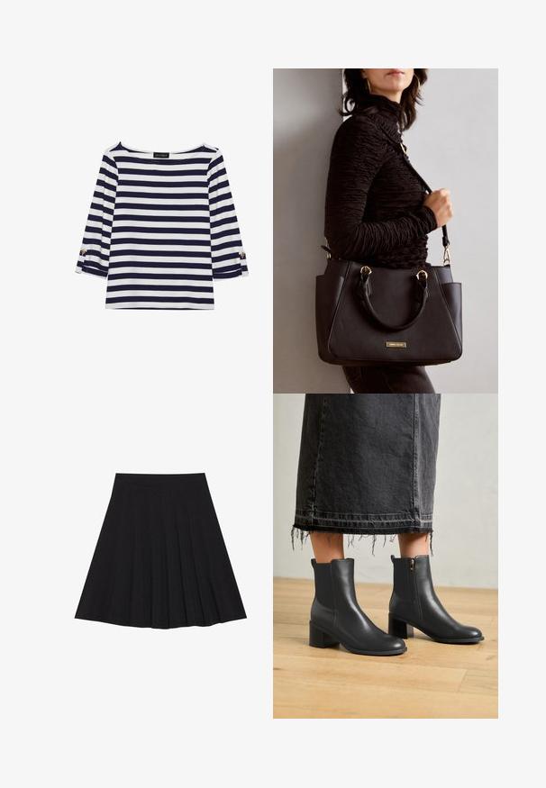 Marineblå og hvit stripete langermet topp med båthals og gullknapper på rullede ermer. Myk stoff, avslappet passform.; Svart plisserte skjørt laget av teksturert stoff med en tettsittende linning. Går til knelengde, med en glatt, ren silhuett.; Sorte lær ankelstøvler med rund tå og blokkhæl. Har en sideslids og glat tekstur. Bæres med en slidset denimnederdel.; Svart håndveske med teksturert overflate, doble topphåndtak og justerbar skulderrem. Har detaljer i gulltone og sidelommer.