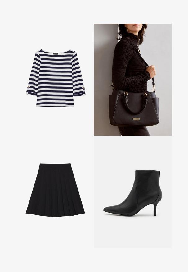 Navy and white striped long-sleeve top with a boat neckline and gold-button accents on rolled sleeves. Soft fabric, relaxed fit.; Black pleated skirt made of textured fabric with a fitted waistband. Falls to knee length, featuring a smooth, clean silhouette.; Anna Field Ankle boots - black; Black handbag with textured surface, dual top handles, and adjustable shoulder strap. Features gold-tone hardware and side pockets.