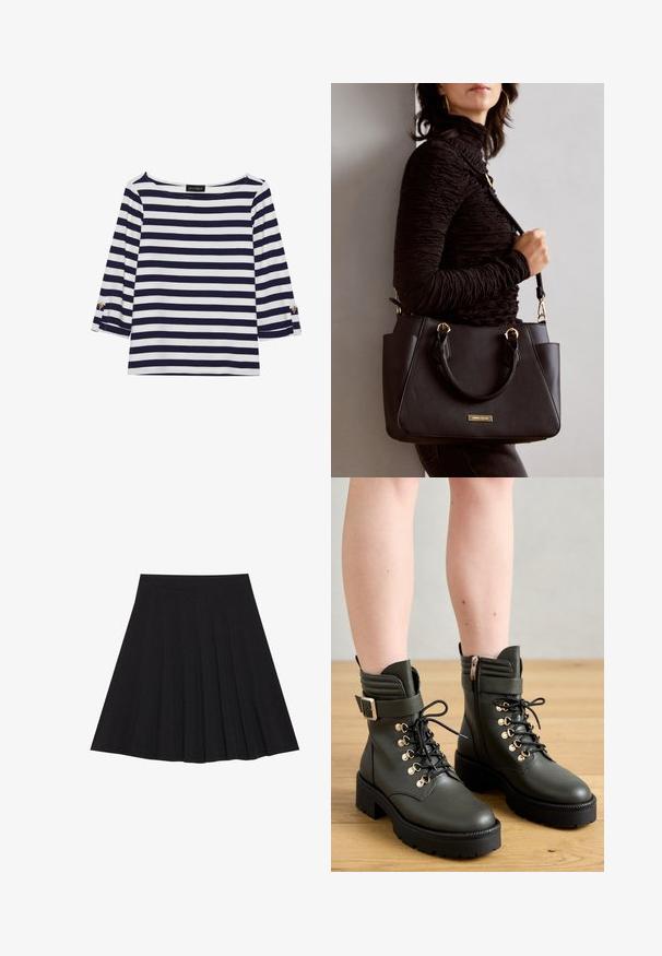 Marineblå og hvit stripete langermet topp med båthals og gullknapper på rullede ermer. Myk stoff, avslappet passform.; Svart plisserte skjørt laget av teksturert stoff med en tettsittende linning. Går til knelengde, med en glatt, ren silhuett.; Mørkegrønne ankelstøvler lavet af glat læder, med snøre, guldfarvede øjer og en sidelukning, samt en kraftig sort sål med mønster.; Svart håndveske med teksturert overflate, doble topphåndtak og justerbar skulderrem. Har detaljer i gulltone og sidelommer.