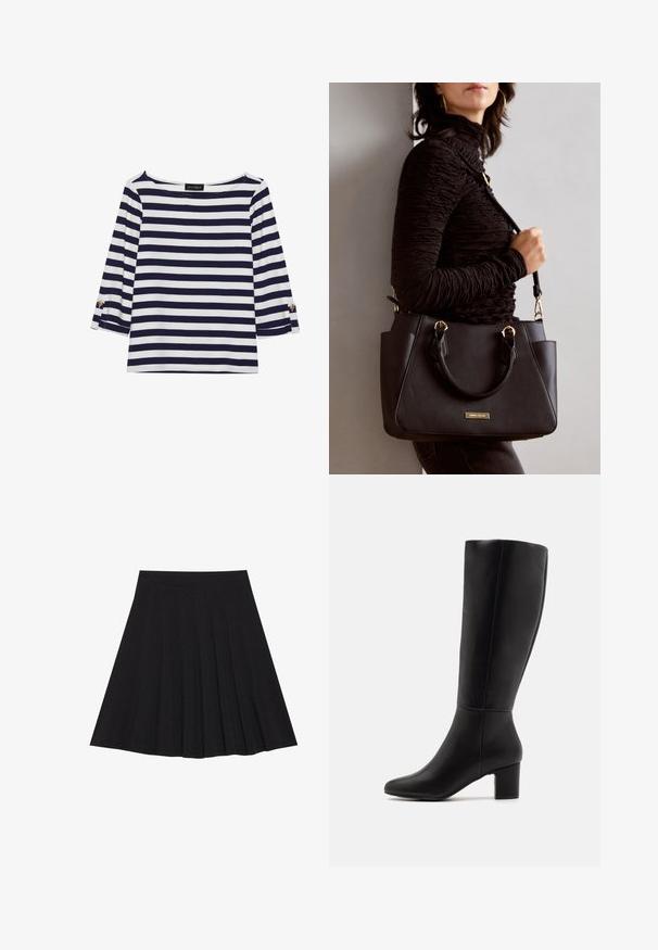 Granatowa i biała, w paski, bluzka z długim rękawem o dekolcie typu łódka oraz złotymi guzikami na podwiniętych rękawach. Miękka tkanina, luźny krój.; Czarna plisowana spódnica z teksturowanej tkaniny z dopasowanym paskiem. Sięga do kolan, wyróżniając się gładką, czystą sylwetką.; Anna Field - Kozaki; Czarna torebka z teksturowanej powierzchni, podwójnymi uchwytami na górze i regulowanym paskiem na ramię. Posiada złote okucia i boczne kieszenie.