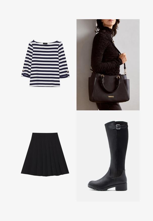 Marinblå och vit randig långärmad topp med båtutskuren hals och guldknappdetaljer på uppvikta ärmar. Mjuk tyg, avslappnad passform.; Svart plisserad kjol gjord av texturerad tyg med en figurnära midjeband. Faller till knä längd och har en slät, ren silhuett.; Svart knävärmande stövel med en slät läderfront, meshpaneler och en låg blockklack med rem och spänne.; Svart handväska med texturerad yta, dubbla handtag upptill och justerbar axelrem. Utrustad med detaljer i guld och sidofickor.