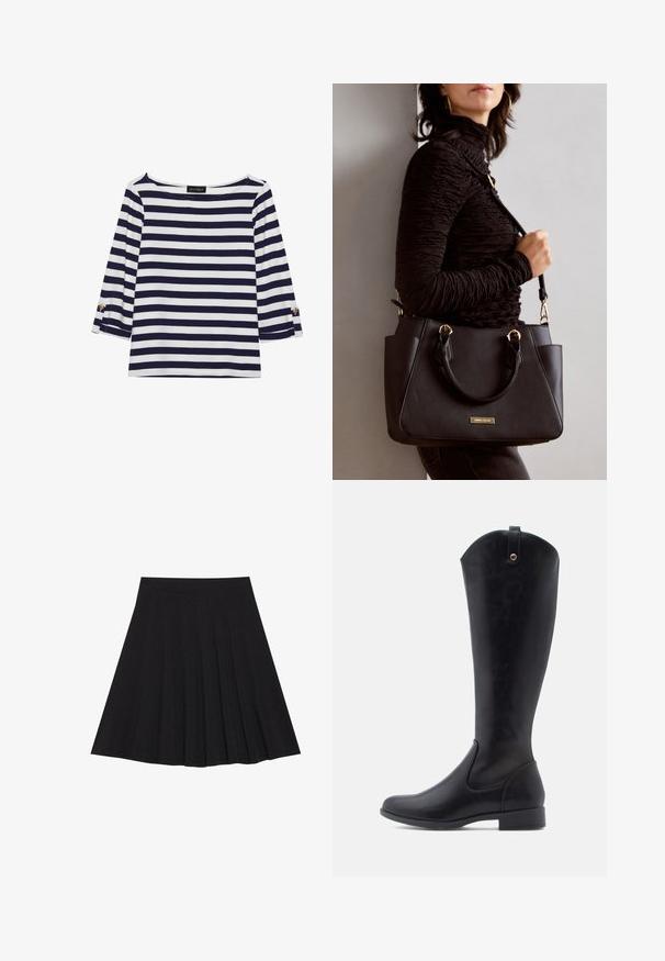Námornícky a bielo pruhovaný top s dlhým rukávom, ktorý má lodičkový výstrih a zlaté gombíkové akcenty na zrolovaných rukávoch. Mäkčená látka, voľný strih.; Čierna plisovaná sukňa vyrobená z textúrovanej látky s priliehavým pásom. Padá do dĺžky po kolená a má hladký, čistý siluetu.; Čierne kožené čižmy po kolená s hladkým povrchom, okrúhlou špičkou, nízkym blokovým podpätkom a zakriveným horným okrajom s detailom slučky na zadnej strane.; Čierna kabelka s textúrovaným povrchom, dvojitými hornými rúčkami a nastaviteľným ramenným popruhom. Obsahuje zlaté kovanie a bočné vrecká.