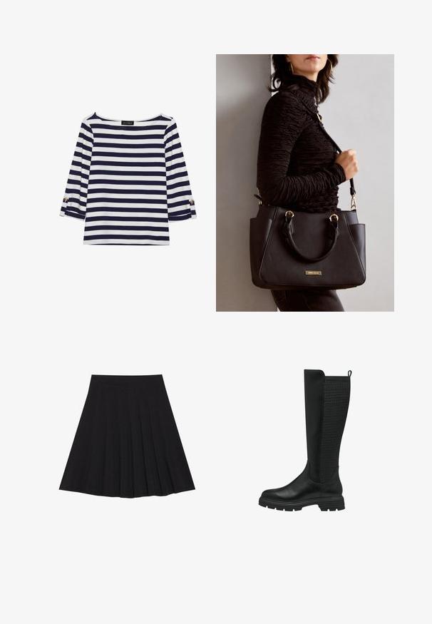 Maglietta a righe blu navy e bianca con maniche lunghe, scollo a barca e dettagli con bottoni dorati sulle maniche arrotolate. Tessuto morbido, vestibilità comoda.; Gonna nera plissettata realizzata in tessuto strutturato con una vita aderente. Cade all'altezza del ginocchio, presentando una silhouette liscia e pulita.; Stivale nero fino al ginocchio con una parte anteriore in pelle liscia e un pannello in rete testurizzata sul retro, suola in gomma e una linguetta per indossarlo facilmente.; Borsa nera con superficie texturizzata, manici superiori doppi e tracolla regolabile. Dotata di hardware color oro e tasche laterali.