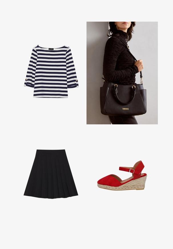 Maglietta a righe blu navy e bianca con maniche lunghe, scollo a barca e dettagli con bottoni dorati sulle maniche arrotolate. Tessuto morbido, vestibilità comoda.; Gonna nera plissettata realizzata in tessuto strutturato con una vita aderente. Cade all'altezza del ginocchio, presentando una silhouette liscia e pulita.; Scarpa espadrillas a cuneo in suede rosso con cinturino alla caviglia regolabile, piattaforma avvolta in juta e design della punta arrotondata. Accento sul tacco testurizzato.; Borsa nera con superficie texturizzata, manici superiori doppi e tracolla regolabile. Dotata di hardware color oro e tasche laterali.