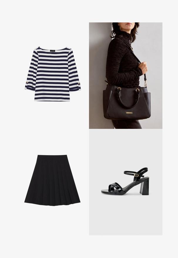 Tengerészkék és fehér csíkos, hosszú ujjú blúz, hajónyakkal és aranygombos díszítésekkel a felhajtott ujjain. Puha anyag, lazán illeszkedő fazon.; Fekete, pliszírozott szoknya texturált anyagból, szűk derékpánttal. Térd alá ér, sima, letisztult vonalvezetéssel.; Fekete lakk bőr, magas sarkú szandál, blokk sarokkal, keresztbe futó elülső pántokkal és állítható bokapánttal, arany csattal.; Fekete kézitáska texturált felülettel, dupla felső fogantyúval és állítható vállpánttal. Arany színű fém kiegészítők és oldalsó zsebek találhatók rajta.