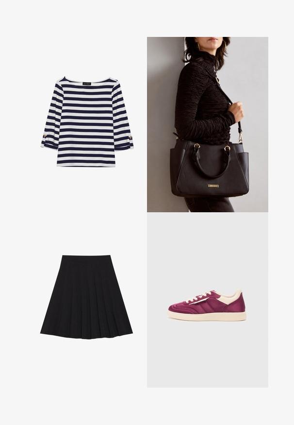 Námořnická a bílá pruhovaná halenka s dlouhým rukávem a lodním výstřihem, se zlatými knoflíky na ohrnutých rukávech. Měkká tkanina, volný střih.; Černá plisovaná sukně vyrobená z texturované látky s dobře padnoucím pasem. Délka sukně je ke kolenům a má hladký, jednoduchý siluetu.; Fialové kožené tenisky s béžovými akcenty, s kulatou špičkou, šněrováním vpředu a bočními pruhy. Texturovaný povrch na svršku.; Černá kabelka s texturovaným povrchem, dvojitými horními uchy a nastavitelným ramenním popruhem. Obsahuje zlaté kovové prvky a boční kapsy.