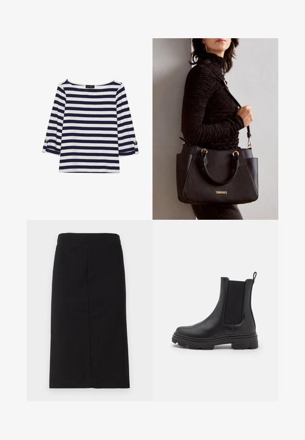 Tengerészkék és fehér csíkos, hosszú ujjú blúz, hajónyakkal és aranygombos díszítésekkel a felhajtott ujjain. Puha anyag, lazán illeszkedő fazon.; Fekete, térdige érő, ceruzaszoknya puha anyagból, sima derékkal és egyenes siluettel, látható díszítések nélkül.; Fekete bőrből készült bokacsizma, elasztikus oldalpanellel, kerek orral és textúrált gumitalppal. Hátulján hurok található a könnyű felhúzás érdekében.; Fekete kézitáska texturált felülettel, dupla felső fogantyúval és állítható vállpánttal. Arany színű fém kiegészítők és oldalsó zsebek találhatók rajta.