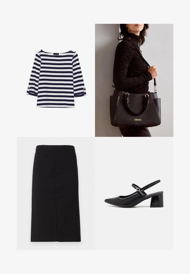 Mornarsko modra in bela črtasta majica z dolgimi rokavi, z vratnim izrezom v obliki čolna in zlatimi gumbi na zavihkih rokavov. Mehka tkanina, sproščen kroj.; Črna krila do kolen, izdelana iz mehkega blaga, z gladkim pasom in ravno silhueto brez vidnih okrasitev.; Črne patentne usnjene salonarce s slingback obliko, s koničastim nosom, zaobljenim izrezom in blok peto. Imajo zlato kovinsko zaponko kot dodatno okrasje.; Črna torbica z teksturirano površino, z dvema zgornjima ročajema in nastavljivim ramenskim pasom. Ima zlatovrateče dodatke in stranske žepe.