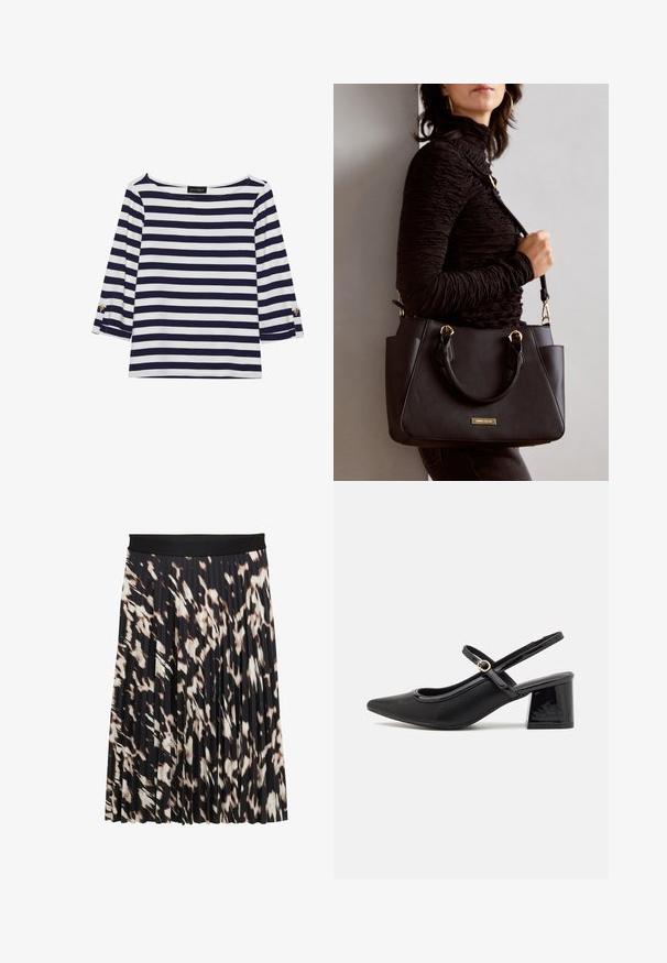 Duga majica dugih rukava prugasta u mornarsko plavu i bijelu boju s brodoglavim izrezom i zlatnim gumbima na pojačanim rukavima. Mekani materijal, opušteni kroj.; Plisirana suknja s širokim crnim pojasom; uzorkovana u nijansama crne, krem i smeđe; glatka tekstura s lepršavim dizajnom.; Crne lakirane slingback visoke potpetice s šiljastim vrhom, zaobljenim izrezom i blok potpeticom. Sadrži akcent zlatnog tona s kopčom.; Crna torba s teksturiranom površinom, dvostrukim gornjim ručkama i podesivom remenom za rame. Ima zlatne metalne detalje i bočne džepove.