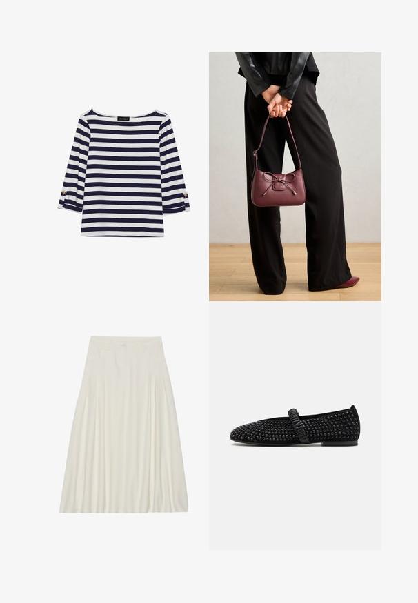 Laivastonsininen ja valkoinen raidallinen pitkähihainen paita, jossa on venepääntie ja kultaiset napit käärittyissä hihoissa. Pehmeä kangas, rento mitoitus.; Valkoinen, polvipituinen hame, joka on valmistettu kevyestä kankaasta ja jossa on poimutuksia, vyötärölauta nappisuljennalla ja sivutaskut.; Mustat tasapohjaiset kengät kohti, joissa on mustat niitit päällisessä ja rypytetty nauha jalkaholvin yli. Kumipohja.; Burgundy laukku nahkaa, jossa on nauhakiinnitys, ohut hihna ja kultasävyiset yksityiskohdat, jota henkilö pitää päällään mustissa housuissa.