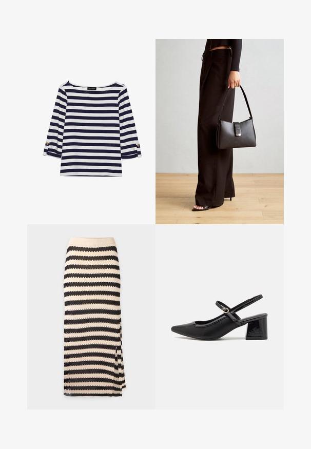 Jūras spēku tumši zilas un baltas svītras ar garām piedurknēm augšdaļa ar laivu veida kakla izgriezumu un zeltītām pogu akcentiem uz sarullētām piedurknēm. Mīksts audums, brīvs piegriezums.; Adīta zīmuļu svārku kleita ar horizontālām melnām un beigu svītrām, ar viļņotu tekstūru un sānu spraugu papildu detaļām.; Melns patentēts ādas sandales ar norādīta pirksta formu, noapaļotu izgriezuma dizainu un bloķētu papēdi. Iezīmēta ar zelta toņa sprādzi.; Melnā somiņa ar strukturētu formu, gludu tekstūru un metālu sprādzi. Saskaņota ar platām melnām biksēm un sandālēm ar atvērtu purngalu uz koka grīdas.