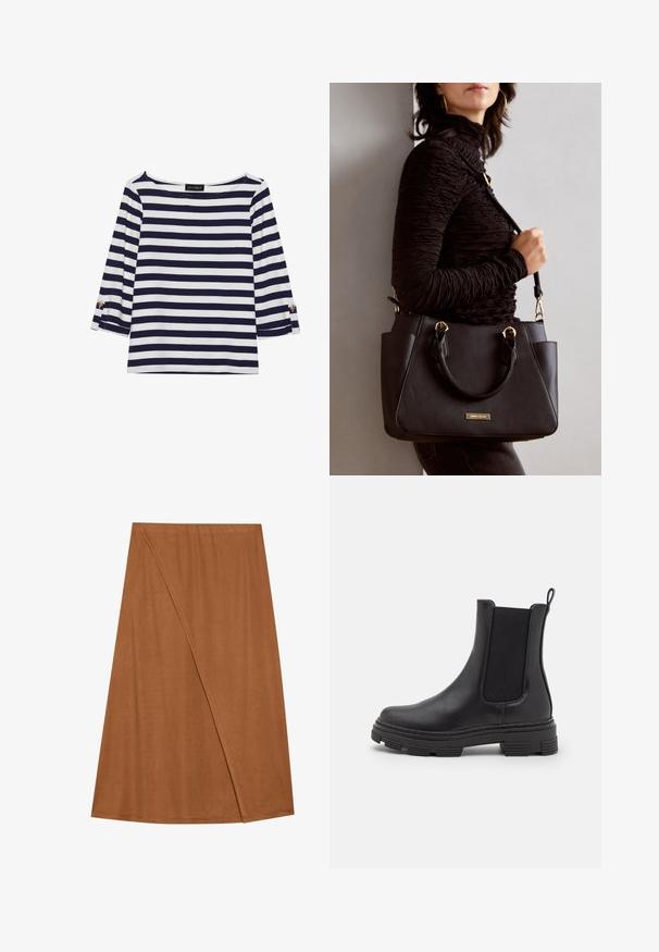 Camiseta de manga larga a rayas en azul marino y blanco, con escote barco y acentos de botones dorados en las mangas enrolladas. Tejido suave y corte relajado.; Falda envolvente marrón, hasta la rodilla, hecha de un tejido suave. Presenta un diseño asimétrico con un detalle en la costura lateral y una textura suave.; Botín de cuero negro hasta el tobillo con paneles laterales elásticos, punta redondeada y suela de goma texturizada. Presenta un lazo en la parte trasera para facilitar el uso.; Bolso negro con superficie texturizada, doble asa superior y correa para hombro ajustable. Presenta herrajes en tono dorado y bolsillos laterales.