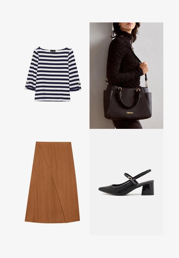 Navy and white striped long-sleeve top with a boat neckline and gold-button accents on rolled sleeves. Soft fabric, relaxed fit.; Brown, knee-length wrap skirt made of soft fabric. Features an asymmetrical design with a side seam detail and a smooth texture.; Black patent leather slingback heels with a pointed toe, a rounded cutout design, and a block heel. Features a gold-tone buckle accent.; Black handbag with textured surface, dual top handles, and adjustable shoulder strap. Features gold-tone hardware and side pockets.