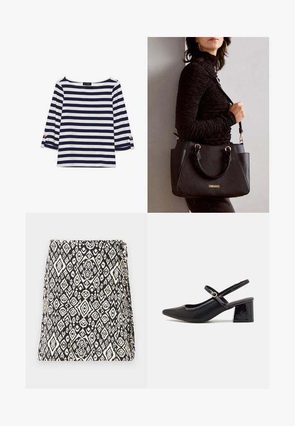 Navy and white striped long-sleeve top with a boat neckline and gold-button accents on rolled sleeves. Soft fabric, relaxed fit.; Black and white bag featuring a geometric diamond pattern, made from fabric with a textured finish. Designed with a flap opening.; Black patent leather slingback heels with a pointed toe, a rounded cutout design, and a block heel. Features a gold-tone buckle accent.; Black handbag with textured surface, dual top handles, and adjustable shoulder strap. Features gold-tone hardware and side pockets.