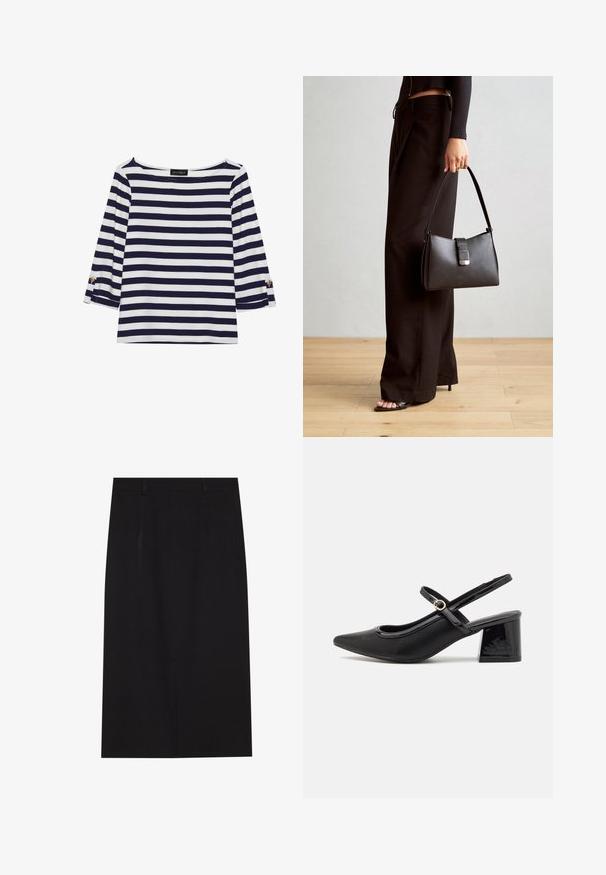 Bluză cu mâneci lungi, dungată în navy și alb, cu decolteu tip bărci și accente cu nasturi aurii pe mânecile răsucite. Material moale, croială lejeră.; Fustă creion neagră, până la genunchi, realizată dintr-un material neted. Prezintă un design simplu cu două cusături frontale și un fermoar ascuns în spate.; Cizme cu toc slingback din piele sintetică lacuită neagră, cu vârful ascuțit, un design cu decupaj rotunjit și toc bloc. Include un accent cu cataramă de culoare aurie.; Genți negre cu o formă structurată, textură netedă și un închizător metalic. Asortată cu pantaloni negri largi și sandale cu vârf deschis pe un podea din lemn.