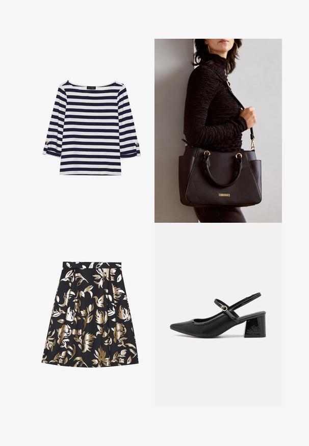 Haut rayé bleu marine et blanc à manches longues avec un col bateau et des accents de boutons dorés sur les manches retroussées. Tissu doux, coupe décontractée.; Anna Field Jupe trapèze - black; Escarpins slingback en cuir verni noir avec un embout pointu, un design à découpes arrondies et un talon carré. Présente un accent de boucle en ton doré.; Sac à main noir avec surface texturée, deux poignées supérieures et bandoulière réglable. Doté de quincaillerie dorée et de poches latérales.