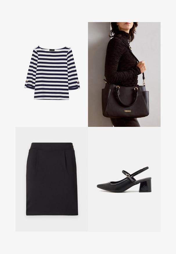Gestreiftes Langarmoberteil in Marineblau und Weiß mit einem Bootsausschnitt und goldfarbenen Knopfdetails an den hochgekrempelten Ärmeln. Weicher Stoff, entspannter Schnitt.; Schwarzer knielanger Rock aus glattem Stoff, mit einer taillierten Taille und zwei dezenten Falten auf der Vorderseite für zusätzliche Details.; Schwarze Lackleder-Slingback-Absätze mit spitzer Zehenform, einem runden Ausschnitt-Design und einem Blockabsatz. Mit einem goldfarbenen Schnallenakzent.; Schwarze Handtasche mit strukturierten Oberflächen, doppelten Obergriffen und verstellbarem Schultergurt. Mit goldfarbener Hardware und Seitentaschen.