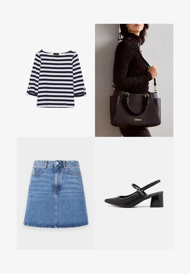 Marineblå og hvide stribede langærmede top med bådudskæring og guldknapdetaljer på opsmøgede ærmer. Blødt stof, afslappet pasform.; Denim nederdel med en udslået A-linjeform, lys blå vask, to forlommer og knaplukning i taljen. Synligt syninger.; Sorte patentlæder slingback hæle med spids tå, rund udskæring og blokhæl. Har en guldtonet spændeaccents.; Sort håndtaske med struktureret overflade, dobbelt topbærere og justerbar skulderrem. Udstyret med guldfarvet metalhardware og sidelommer.