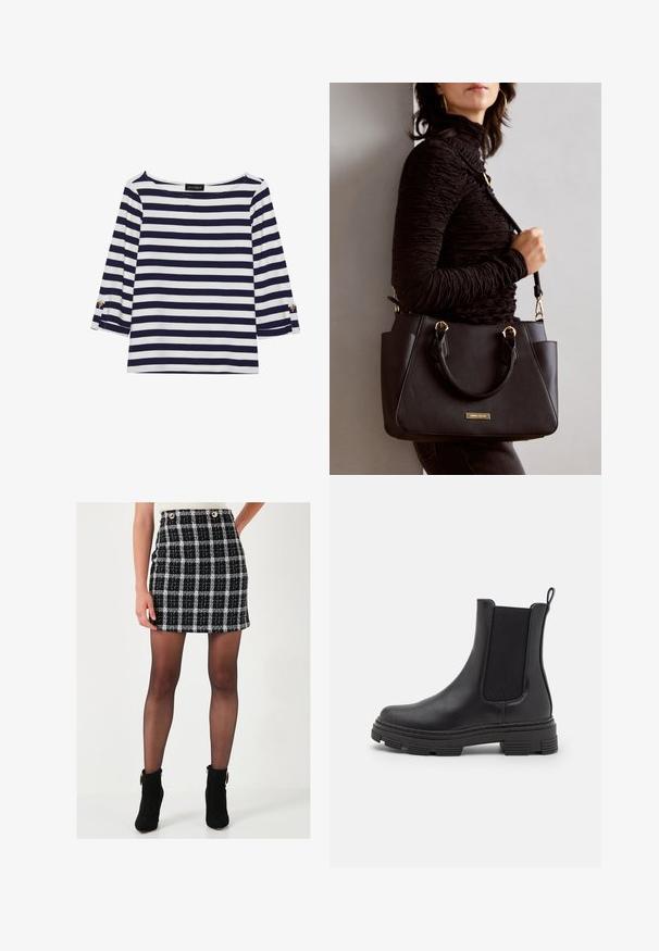 Marineblauw en witte gestreepte longsleeve top met een bootnek en gouden knoopaccenten op de opgerolde mouwen. Zachte stof, relaxte pasvorm.; Zwart-wit geblokte minirok van textuurstof, met voor knopen en een fitted silhouet, gecombineerd met zwarte enkelboots.; Zwarte leren enkellaars met elastische zijpanelen, ronde neus en een gestructureerde rubberen zool. Voorzien van een lus aan de achterkant voor gemakkelijk aan- en uittrekken.; Zwarte handtas met gestructureerd oppervlak, dubbele bovenhandvatten en verstelbare schouderriem. Voorzien van goudkleurige hardware en zijzakken.