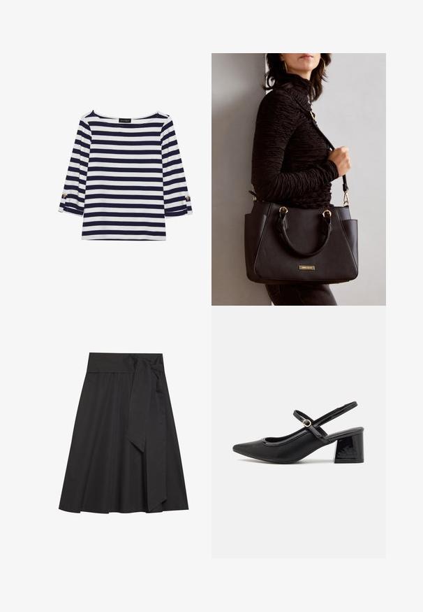Haut rayé bleu marine et blanc à manches longues avec un col bateau et des accents de boutons dorés sur les manches retroussées. Tissu doux, coupe décontractée.; Jupe noire enveloppante avec une large ceinture et un détail en noeud. Fabriquée en tissu lisse, elle présente une silhouette évasée et une longueur au genou.; Escarpins slingback en cuir verni noir avec un embout pointu, un design à découpes arrondies et un talon carré. Présente un accent de boucle en ton doré.; Sac à main noir avec surface texturée, deux poignées supérieures et bandoulière réglable. Doté de quincaillerie dorée et de poches latérales.