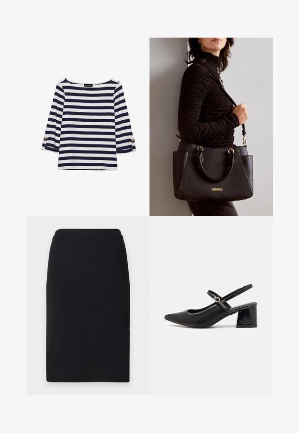 Haut rayé bleu marine et blanc à manches longues avec un col bateau et des accents de boutons dorés sur les manches retroussées. Tissu doux, coupe décontractée.; Jupe crayon noire en tissu extensible, avec une texture lisse et un design slim et droit, dotée d'une taille ajustée.; Escarpins slingback en cuir verni noir avec un embout pointu, un design à découpes arrondies et un talon carré. Présente un accent de boucle en ton doré.; Sac à main noir avec surface texturée, deux poignées supérieures et bandoulière réglable. Doté de quincaillerie dorée et de poches latérales.