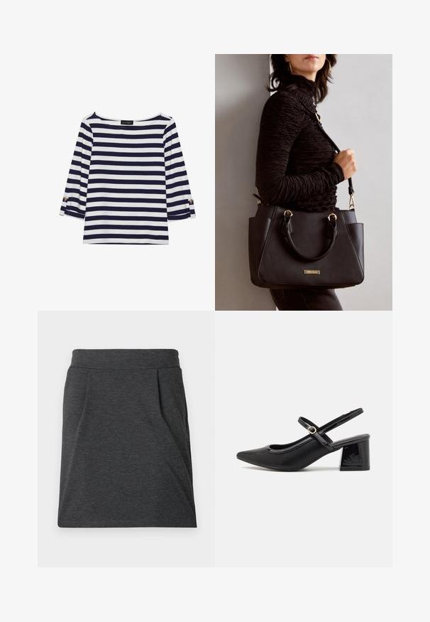 Mėlynos ir baltos spalvos dryžuotas ilgomis rankovėmis marškinėliai su laiviniu kaklu ir auksiniais mygtukais sukeltose rankovėse. Minkšta medžiaga, laisvas siluetas.; Tamsiai pilka medvilnės sijonas su prigludusia juosta, turintis klostes papildomam tekstūrų. Tiesus kirpimas, minimalūs siuvimo detalės ir be raštų.; Juodi patentinio odos slingback aukštakulniai su smailiu pirštu, apvaliu išpjovimu ir blokiniu kulnu. Papuošti auksiniu juostos akcentu.; Juodas rankinės maišelis su struktūrizuota paviršiumi, dvigubais viršutiniais rankenėlėmis ir reguliuojamu peties diržu. Įrengtas aukso spalvos furnitūra ir šoninės kišenės.