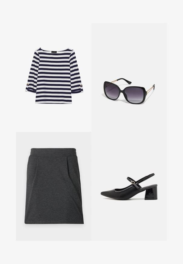 Laivastonsininen ja valkoinen raidallinen pitkähihainen paita, jossa on venepääntie ja kultaiset napit käärittyissä hihoissa. Pehmeä kangas, rento mitoitus.; Tummanharmaa kangasskirt, jossa on tiukka vyötärö ja pleateilla lisättyä rakennetta. Suora leikkaus, vähäiset ompelutiedot ja ei kuvioita.; Musta lakattu nahka slingback-korkokengät, joissa on terävä kärki, pyöreä aukko-muotoilu ja lohkokorko. Varustettu kultasävyisellä solkiyksityiskohdalla.; Mustat ylisuurten kehysten aurinkolasit, joissa on liukuväri-linssit, paksut kehykset ja kultasävyiset ketjustuskoristeet temppeleissä.; Mustat olkalaukku, joka on valmistettu synteettisestä materiaalista, yksinkertainen suorakulmainen muotoilu, kultaiset nelikulmaiset yksityiskohdat ja kaksoiskahvat.