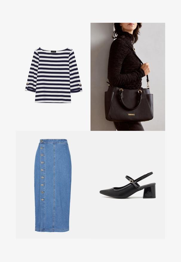 Navy and white striped long-sleeve top with a boat neckline and gold-button accents on rolled sleeves. Soft fabric, relaxed fit.; Denim midi skirt in light blue with a front button closure, seven metallic buttons, and a straight silhouette with a hemline below the knee.; Black patent leather slingback heels with a pointed toe, a rounded cutout design, and a block heel. Features a gold-tone buckle accent.; Black handbag with textured surface, dual top handles, and adjustable shoulder strap. Features gold-tone hardware and side pockets.