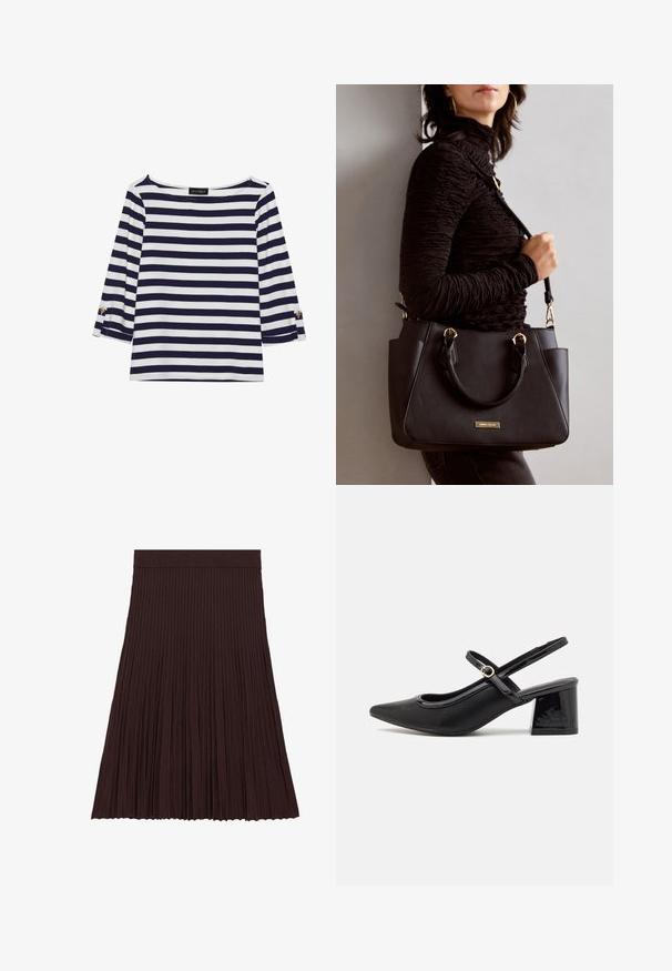 Tumesiniste ja valgete triipudega pikkade varrukatega topp, millel on paadi kaelus ja kuldsete nööpide aktsendid üleskeeratud varrukatel. Pehme kangas, mugav istuvus.; Pruun pleeditud seelik, mis on valmistatud pehmest ribakangal. Omab vormitud vöökohta ja voolavat, tekstuurset disaini, mis ulatub keskel sääre peale.; Mustad läikivad nahast slingback-kõrged kontsad, millel on terav nina, ümar lõikekujundus ja blokknina. Omab kuldset nupu aktsenti.; Musthave must kott, millel on tekstuurne pind, kaks ülemist käepidet ja reguleeritav õlarihm. Omab kuldse tooni riistu ja külgtaskuid.