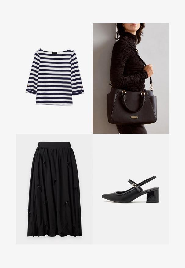Navy and white striped long-sleeve top with a boat neckline and gold-button accents on rolled sleeves. Soft fabric, relaxed fit.; Black skirt made of soft fabric, featuring a gathered waistband, knee-length design, and small bows with beads at intervals.; Black patent leather slingback heels with a pointed toe, a rounded cutout design, and a block heel. Features a gold-tone buckle accent.; Black handbag with textured surface, dual top handles, and adjustable shoulder strap. Features gold-tone hardware and side pockets.