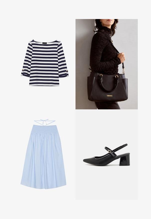 Camiseta de manga larga a rayas en azul marino y blanco, con escote barco y acentos de botones dorados en las mangas enrolladas. Tejido suave y corte relajado.; Falda de algodón azul claro con cintura fruncida, silueta fluida, amplios pliegues y finas tiras ajustables en la parte posterior.; Tacones slingback de charol negro con punta afilada, un diseño de corte redondeado y tacón bloque. Incluye un detalle de hebilla en tono dorado.; Bolso negro con superficie texturizada, doble asa superior y correa para hombro ajustable. Presenta herrajes en tono dorado y bolsillos laterales.