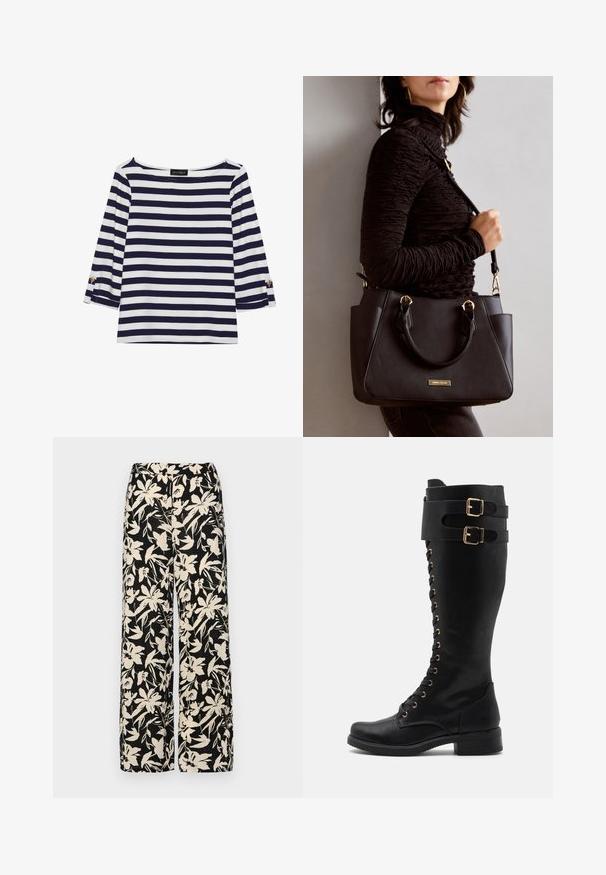 Marineblå og hvit stripete langermet topp med båthals og gullknapper på rullede ermer. Myk stoff, avslappet passform.; Sorte vide bukser med et cremet blomster mønster. Fremstillet af letvægtsstof, med en glat tekstur og en høj talje.; Kneehøye svarte lærstøvler med gullhardwaredetaljer, med snøring foran, to spennebånd og blokkheel.; Svart håndveske med teksturert overflate, doble topphåndtak og justerbar skulderrem. Har detaljer i gulltone og sidelommer.