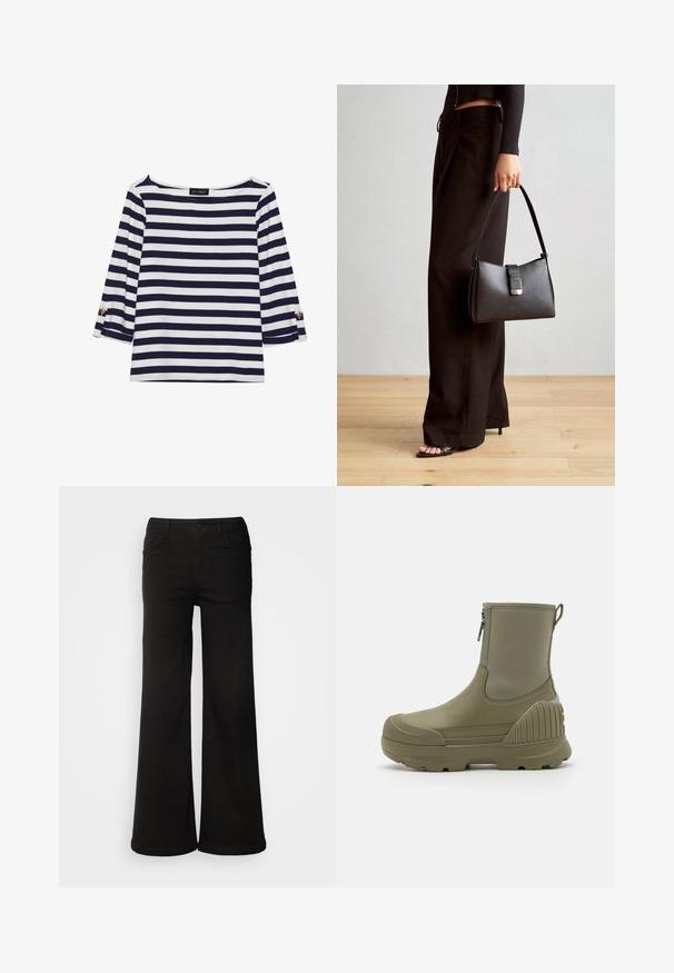 Maglietta a righe blu navy e bianca con maniche lunghe, scollo a barca e dettagli con bottoni dorati sulle maniche arrotolate. Tessuto morbido, vestibilità comoda.; Pantaloni neri a gamba larga in tessuto denim, dotati di tasche sul davanti, chiusura con bottone e texture liscia con una finitura pulita.; Stivali ankle waterproof verdi con sovrastruttura in gomma liscia, zip laterale e dettagli in gomma testurizzata sul tallone per una maggiore aderenza e stabilità.; Borsa nera con forma strutturata, texture liscia e una chiusura metallica. Abbinata a pantaloni neri larghi e sandali open-toe su un pavimento in legno.