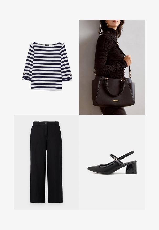 Mornarsko modra in bela črtasta majica z dolgimi rokavi, z vratnim izrezom v obliki čolna in zlatimi gumbi na zavihkih rokavov. Mehka tkanina, sproščen kroj.; Črne široke hlače iz lahkega materiala, ki imajo sprednji gumb in zanke za pas. Gladka tekstura brez vidnih vzorcev.; Črne patentne usnjene salonarce s slingback obliko, s koničastim nosom, zaobljenim izrezom in blok peto. Imajo zlato kovinsko zaponko kot dodatno okrasje.; Črna torbica z teksturirano površino, z dvema zgornjima ročajema in nastavljivim ramenskim pasom. Ima zlatovrateče dodatke in stranske žepe.