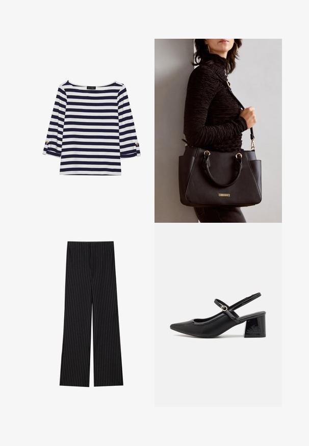 Haut rayé bleu marine et blanc à manches longues avec un col bateau et des accents de boutons dorés sur les manches retroussées. Tissu doux, coupe décontractée.; Pantalons larges noirs avec des rayures verticales blanches, présentant une texture lisse et un design ajusté, idéaux pour une tenue formelle ou professionnelle.; Escarpins slingback en cuir verni noir avec un embout pointu, un design à découpes arrondies et un talon carré. Présente un accent de boucle en ton doré.; Sac à main noir avec surface texturée, deux poignées supérieures et bandoulière réglable. Doté de quincaillerie dorée et de poches latérales.