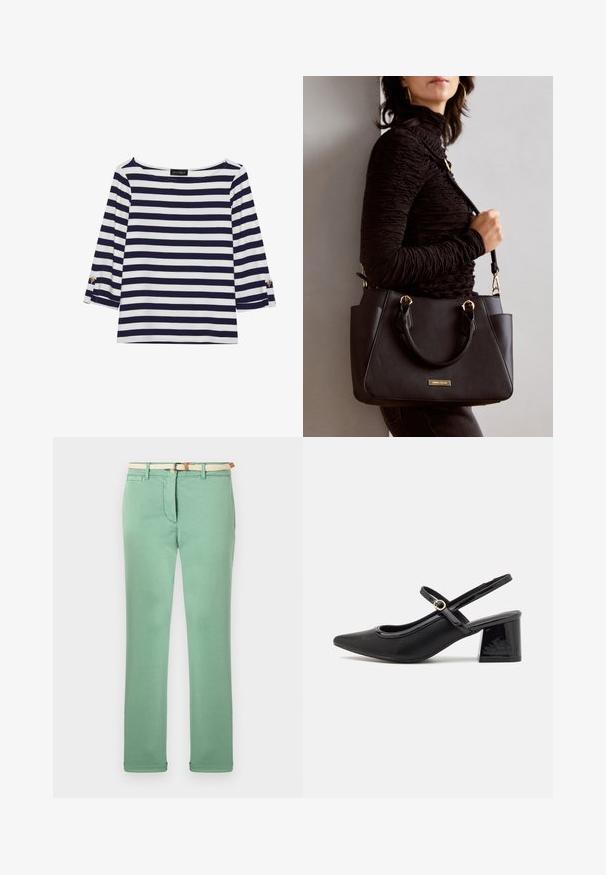 Granatowa i biała, w paski, bluzka z długim rękawem o dekolcie typu łódka oraz złotymi guzikami na podwiniętych rękawach. Miękka tkanina, luźny krój.; Jasnozielone spodnie wykonane z bawełny, o prostym kroju, z plecionym beżowym paskiem i przednimi kieszeniami. Gładka struktura z minimalnym szwem.; Czarne lakierowane czółenka na słupku ze spiczastym noskiem, lekko zaokrąglonym wycięciem i obcasem w kształcie bloku. Posiadają złotą klamrę jako akcent dekoracyjny.; Czarna torebka z teksturowanej powierzchni, podwójnymi uchwytami na górze i regulowanym paskiem na ramię. Posiada złote okucia i boczne kieszenie.