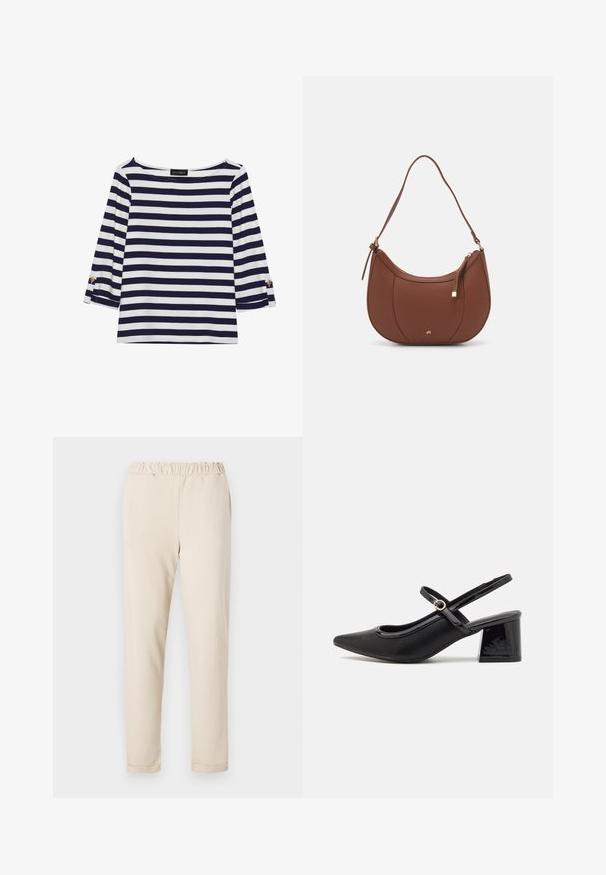 Camiseta de manga larga a rayas en azul marino y blanco, con escote barco y acentos de botones dorados en las mangas enrolladas. Tejido suave y corte relajado.; Pantalones de algodón beige con cintura con frunce, diseño de pierna recta y sin patrones visibles, con una textura suave y dobladillo sencillo.; Tacones slingback de charol negro con punta afilada, un diseño de corte redondeado y tacón bloque. Incluye un detalle de hebilla en tono dorado.; Bolso de hombro de imitación cuero marrón con forma curva, costura mínima y un acento de hardware en tono dorado. Presenta un cierre de cremallera en la parte superior y una correa ajustable.