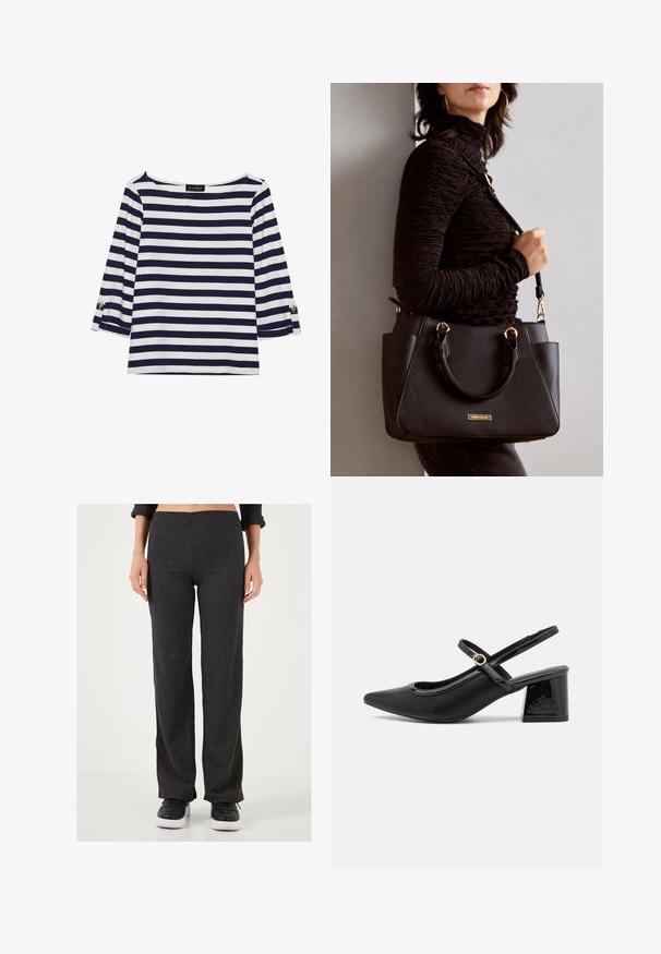 Námořnická a bílá pruhovaná halenka s dlouhým rukávem a lodním výstřihem, se zlatými knoflíky na ohrnutých rukávech. Měkká tkanina, volný střih.; Tmavě šedé, ribbrované kalhoty s rovnými nohavicemi. Mají plochý pas a jemnou texturu, doplněné černými teniskami.; Černé lakované lodičky s otevřenou patou, špičatou špičkou, zaobleným střihem a blokovým podpatkem. Zdobené akcentem v zlatém tónu.; Černá kabelka s texturovaným povrchem, dvojitými horními uchy a nastavitelným ramenním popruhem. Obsahuje zlaté kovové prvky a boční kapsy.