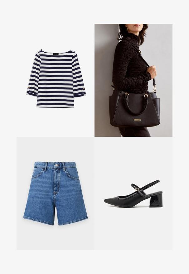 Laivastonsininen ja valkoinen raidallinen pitkähihainen paita, jossa on venepääntie ja kultaiset napit käärittyissä hihoissa. Pehmeä kangas, rento mitoitus.; Farkkushortsit keskisinisessä sävyssä, joissa on korkea vyötärö, viisi taskua ja erottuva ommel. Kangas on sileä ja lahkeet ovat suorat.; Musta lakattu nahka slingback-korkokengät, joissa on terävä kärki, pyöreä aukko-muotoilu ja lohkokorko. Varustettu kultasävyisellä solkiyksityiskohdalla.; Musta käsilaukku, jossa on teksturoitu pinta, kaksi yläkantta ja säädettävä olkahihna. Varustettu kultasävyisillä varusteilla ja sivutaskuilla.