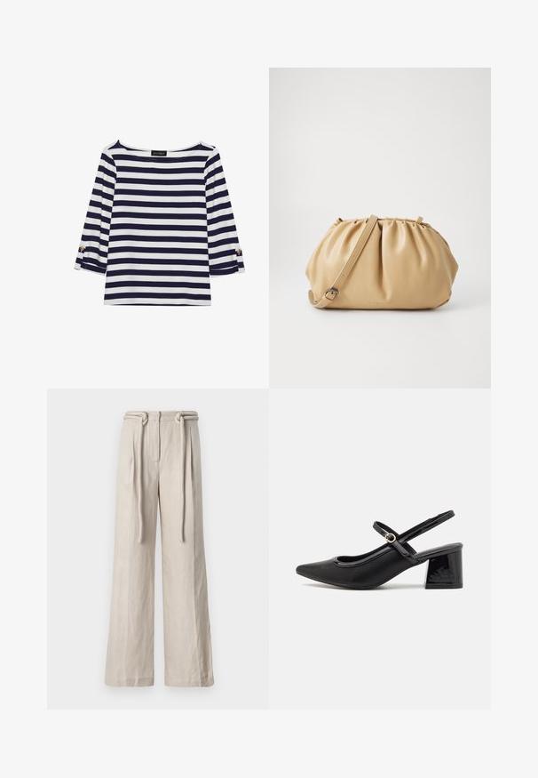 Jūras spēku tumši zilas un baltas svītras ar garām piedurknēm augšdaļa ar laivu veida kakla izgriezumu un zeltītām pogu akcentiem uz sarullētām piedurknēm. Mīksts audums, brīvs piegriezums.; Platas kājas bikses gaiši bēšā lins ar augsto jostu, priekšējām frontālām krokām un piesietu jostu. Gluda tekstūra un brīvs piegriezums.; Melns patentēts ādas sandales ar norādīta pirksta formu, noapaļotu izgriezuma dizainu un bloķētu papēdi. Iezīmēta ar zelta toņa sprādzi.; Brūns ādas soma ar krokotu dizainu, regulējamu siksnu un noapaļotu formu. Minimālistiska zīmola atzīme uz priekšpuses.